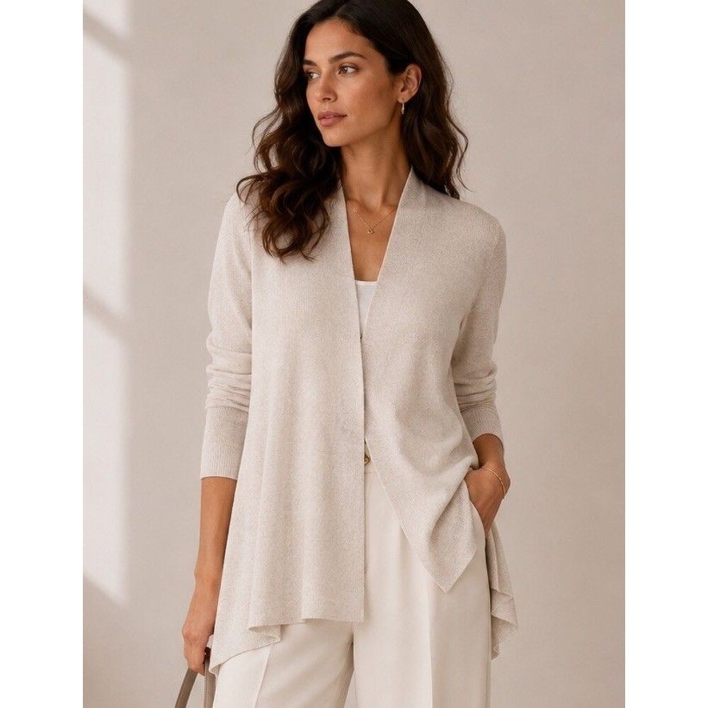 Eileen Fisher Linen Blend Open Front Cardigan Women Sz S Ivory Minimal Chic EUC